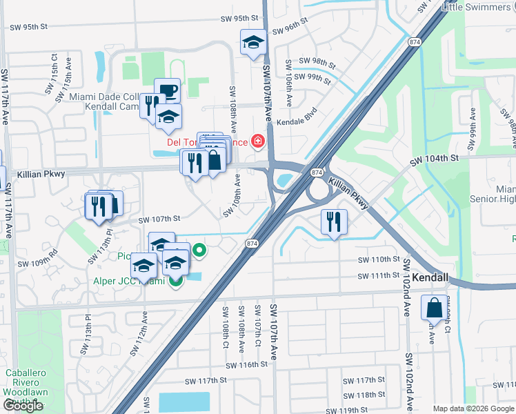 map of restaurants, bars, coffee shops, grocery stores, and more near 10651 Southwest 108th Avenue in Miami