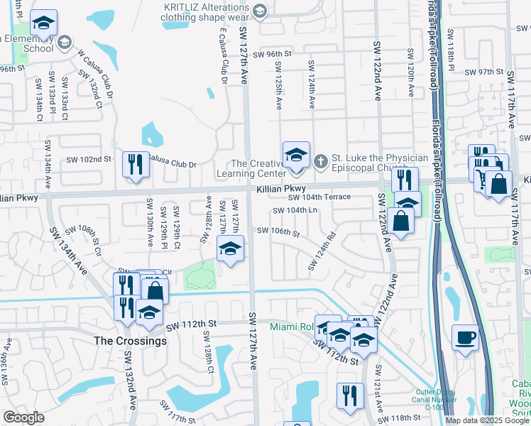 map of restaurants, bars, coffee shops, grocery stores, and more near 10500 Southwest 125th Avenue in Miami