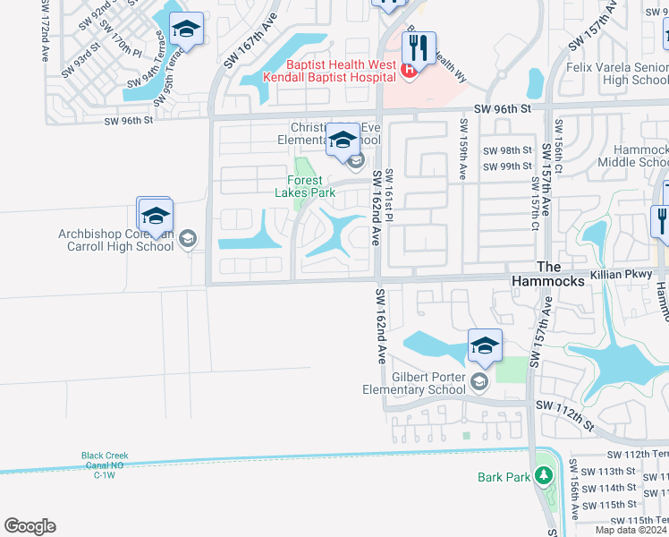 map of restaurants, bars, coffee shops, grocery stores, and more near 16317 Southwest 103rd Terrace in Miami