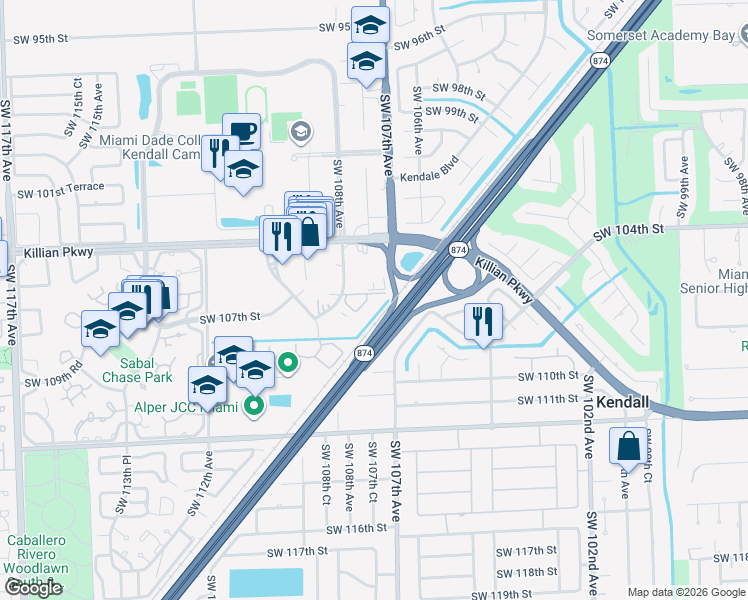 map of restaurants, bars, coffee shops, grocery stores, and more near 10651 Southwest 108th Avenue in Miami