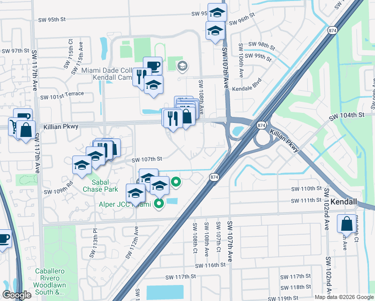 map of restaurants, bars, coffee shops, grocery stores, and more near 10780 Southwest 109th Court in Miami