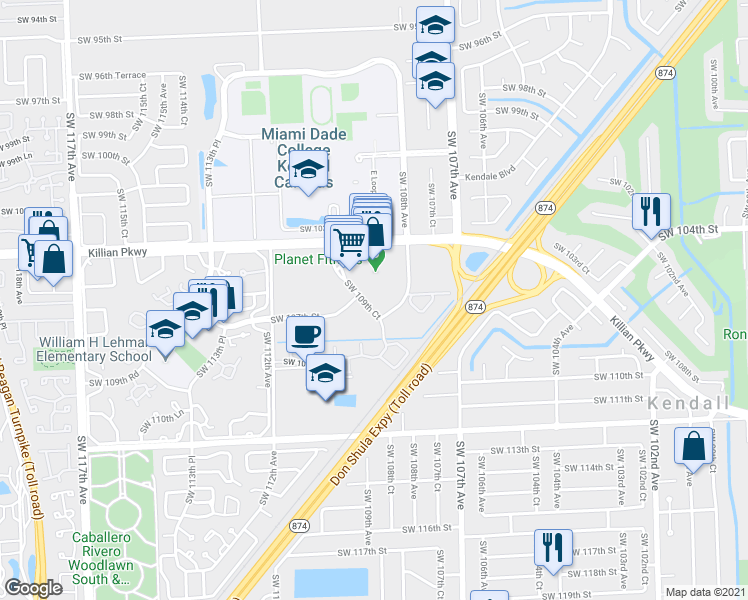 map of restaurants, bars, coffee shops, grocery stores, and more near 10780 Southwest 109th Court in Miami