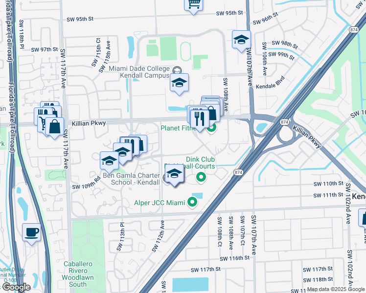 map of restaurants, bars, coffee shops, grocery stores, and more near 10621 Southwest 112th Avenue in Miami