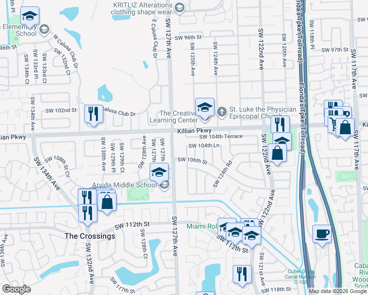map of restaurants, bars, coffee shops, grocery stores, and more near 10500 Southwest 125th Avenue in Miami