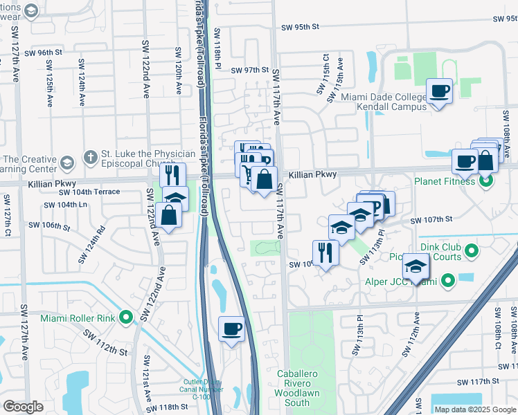map of restaurants, bars, coffee shops, grocery stores, and more near 11713 Southwest 107th Terrace in Miami