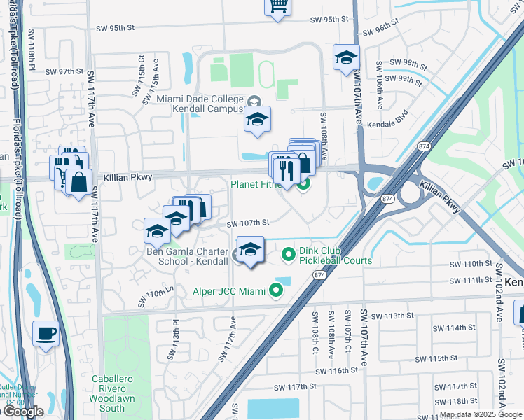 map of restaurants, bars, coffee shops, grocery stores, and more near 10621 Southwest 112th Avenue in Miami