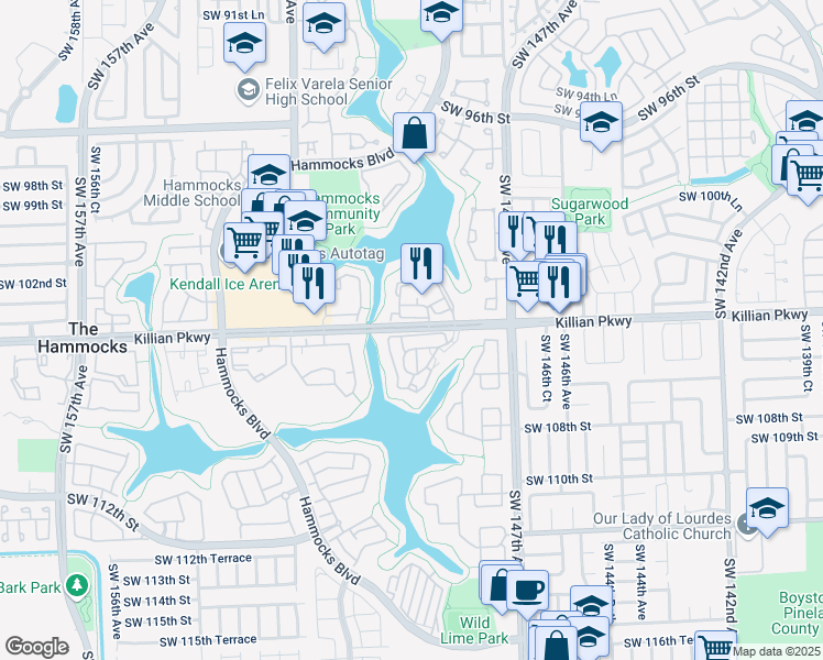 map of restaurants, bars, coffee shops, grocery stores, and more near 15012 Killian Parkway in Miami