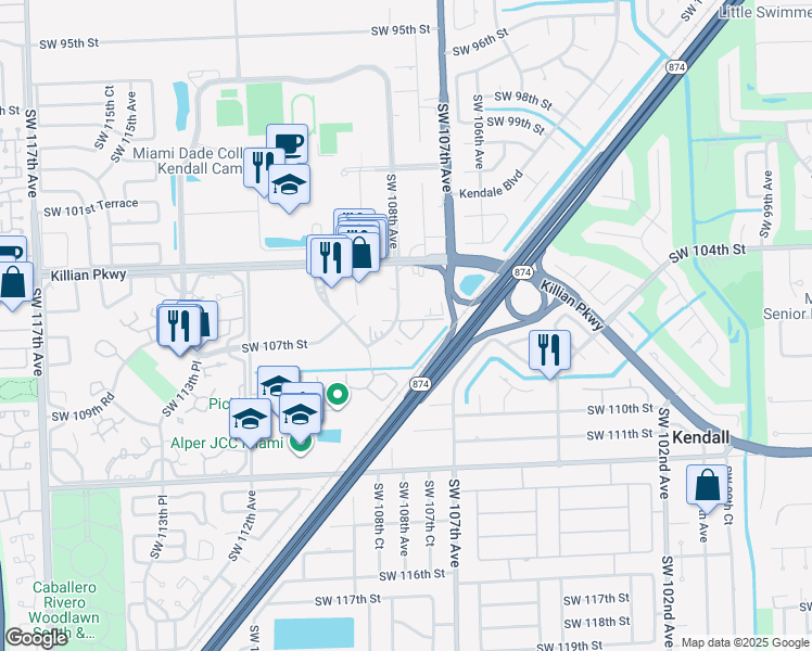 map of restaurants, bars, coffee shops, grocery stores, and more near 10641 Southwest 108th Avenue in Miami