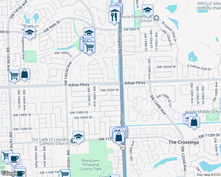 map of restaurants, bars, coffee shops, grocery stores, and more near 10512 Southwest 137th Place in Miami