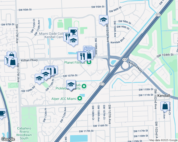 map of restaurants, bars, coffee shops, grocery stores, and more near 10780 Southwest 109th Court in Miami