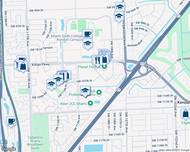 map of restaurants, bars, coffee shops, grocery stores, and more near 11098 Southwest 107th Street in Miami