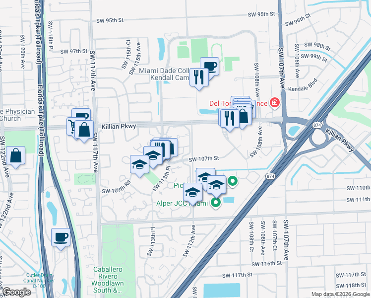 map of restaurants, bars, coffee shops, grocery stores, and more near 10631 Southwest 106th Street in Miami