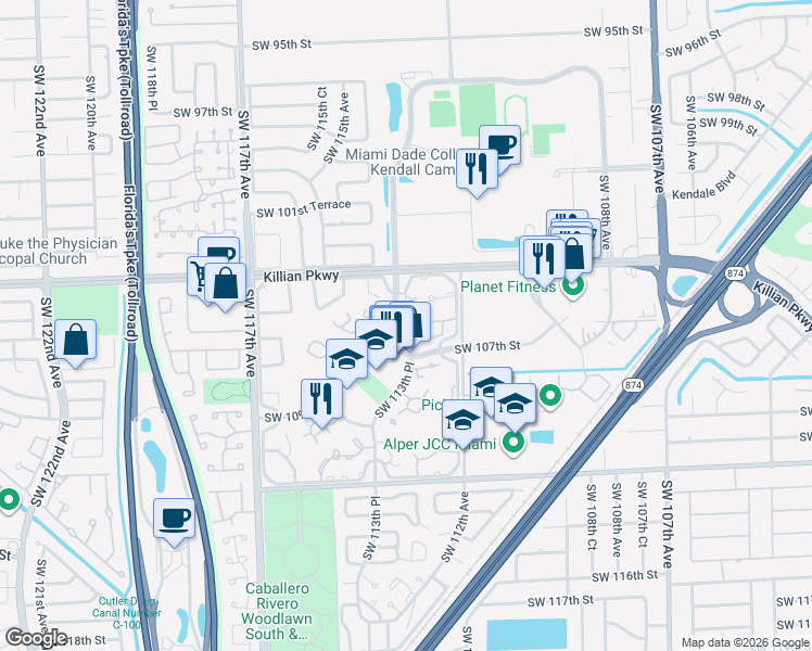 map of restaurants, bars, coffee shops, grocery stores, and more near 10661 Southwest 113th Place in Miami