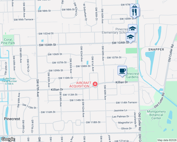 map of restaurants, bars, coffee shops, grocery stores, and more near 10900 Southwest 61st Court in Miami