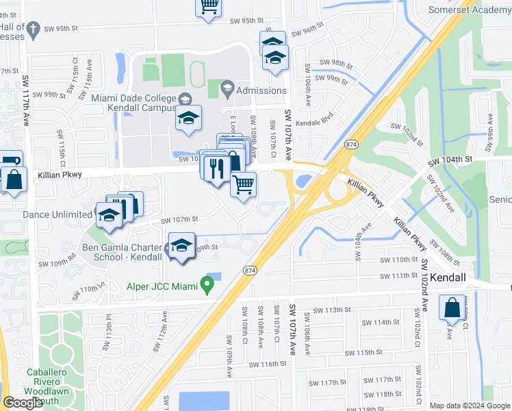 map of restaurants, bars, coffee shops, grocery stores, and more near 10785 Southwest 108th Avenue in Miami