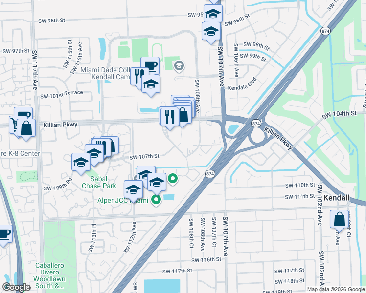 map of restaurants, bars, coffee shops, grocery stores, and more near 10780 Southwest 109th Court in Miami