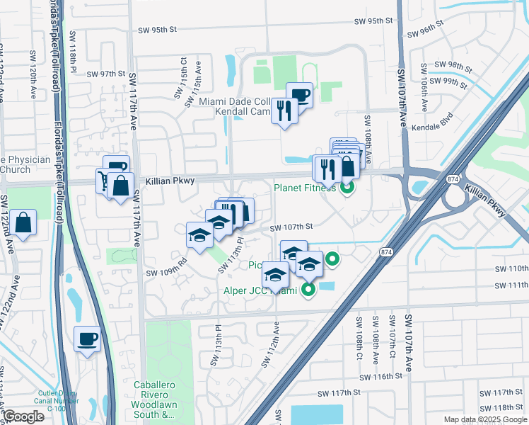 map of restaurants, bars, coffee shops, grocery stores, and more near 10631 Southwest 106th Street in Miami
