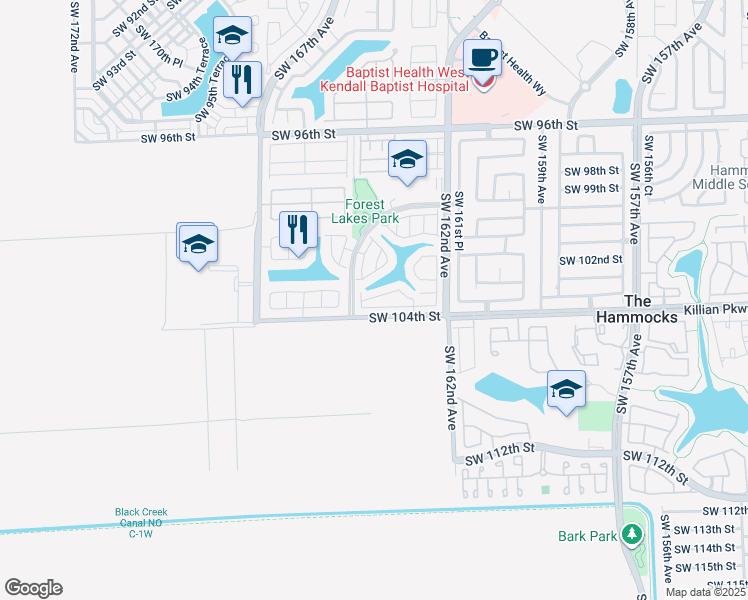 map of restaurants, bars, coffee shops, grocery stores, and more near 16328 Southwest 103rd Terrace in Miami