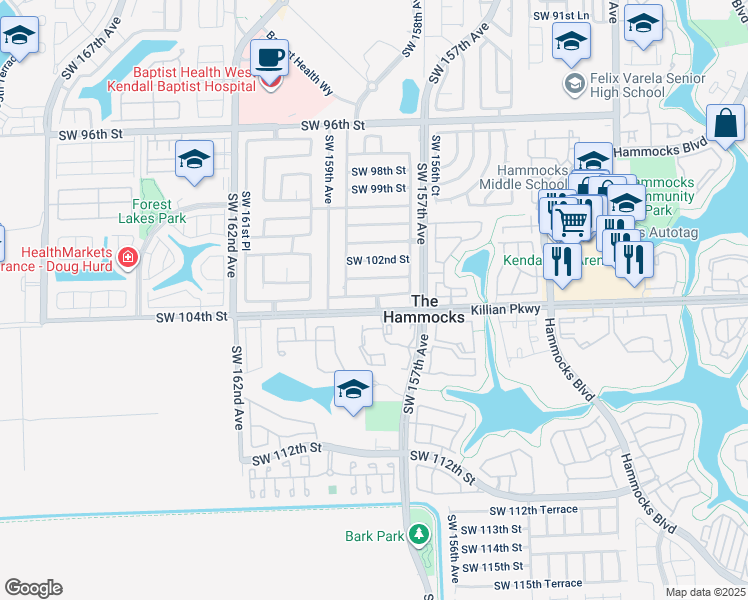 map of restaurants, bars, coffee shops, grocery stores, and more near 15810 Southwest 103rd Lane in Miami