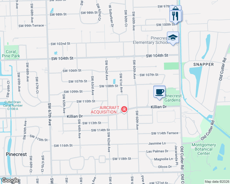 map of restaurants, bars, coffee shops, grocery stores, and more near 10900 Southwest 61st Court in Miami