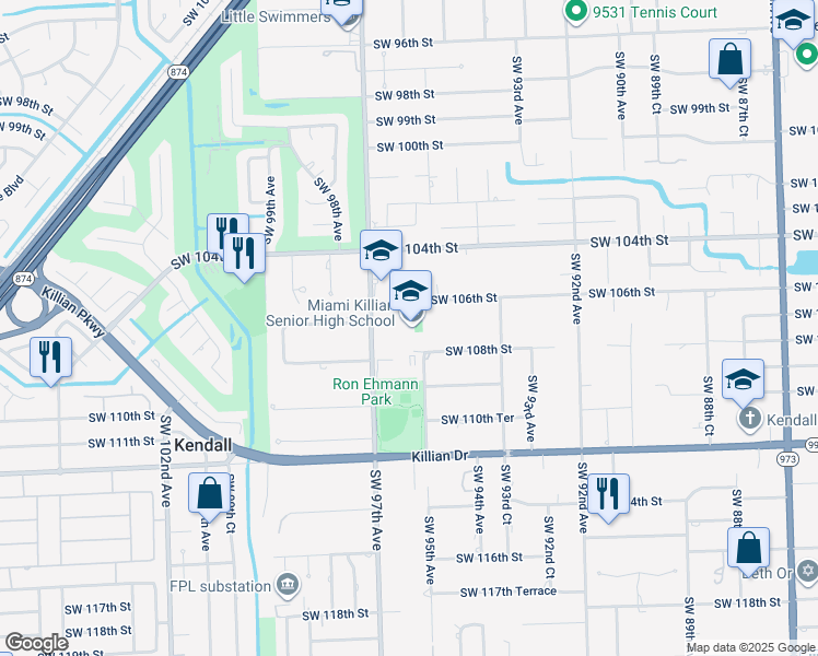 map of restaurants, bars, coffee shops, grocery stores, and more near 10655 Southwest 97th Avenue in Miami