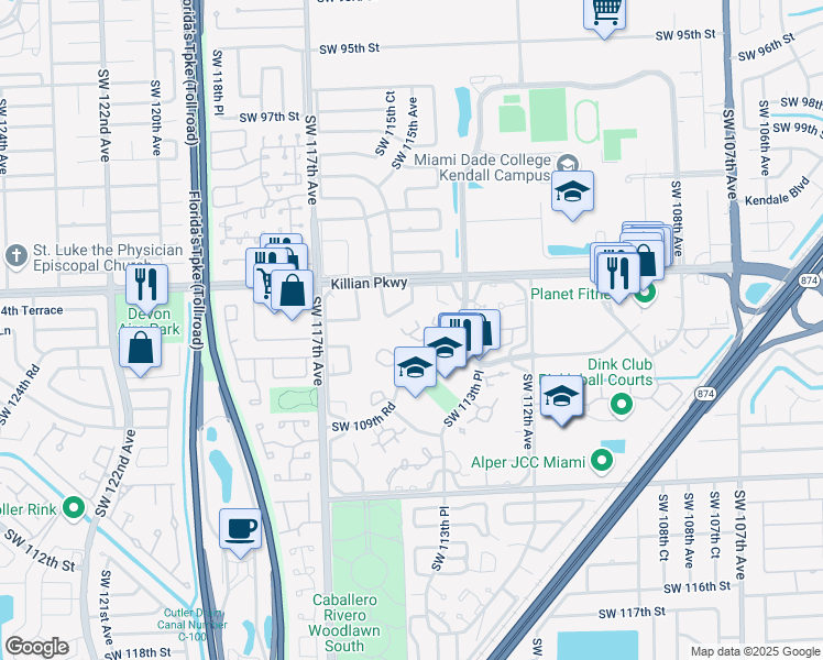 map of restaurants, bars, coffee shops, grocery stores, and more near 11451 Southwest 109th Road in Miami