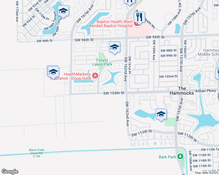map of restaurants, bars, coffee shops, grocery stores, and more near 16328 Southwest 103rd Terrace in Miami