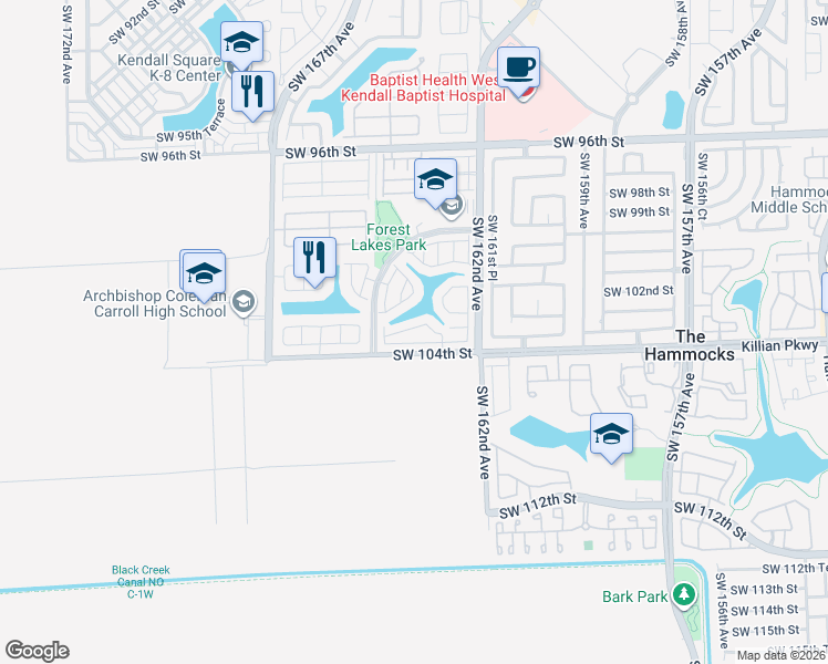 map of restaurants, bars, coffee shops, grocery stores, and more near 16328 Southwest 103rd Terrace in Miami