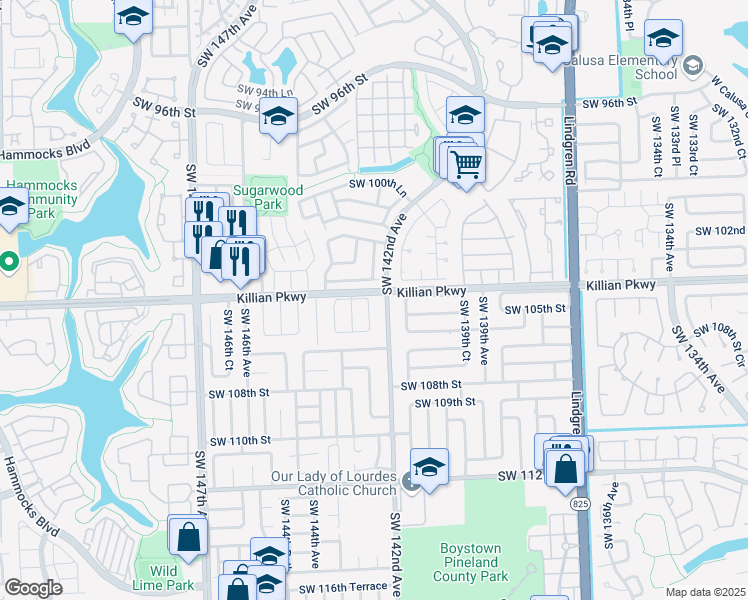 map of restaurants, bars, coffee shops, grocery stores, and more near 10502 Southwest 142nd Court in Miami