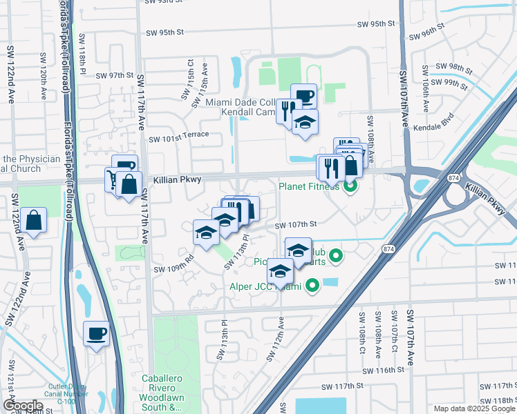 map of restaurants, bars, coffee shops, grocery stores, and more near 10531 Southwest 113th Place in Miami