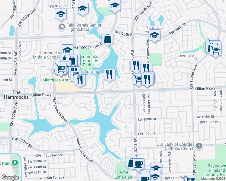 map of restaurants, bars, coffee shops, grocery stores, and more near 14915 Southwest 104th Street in Miami