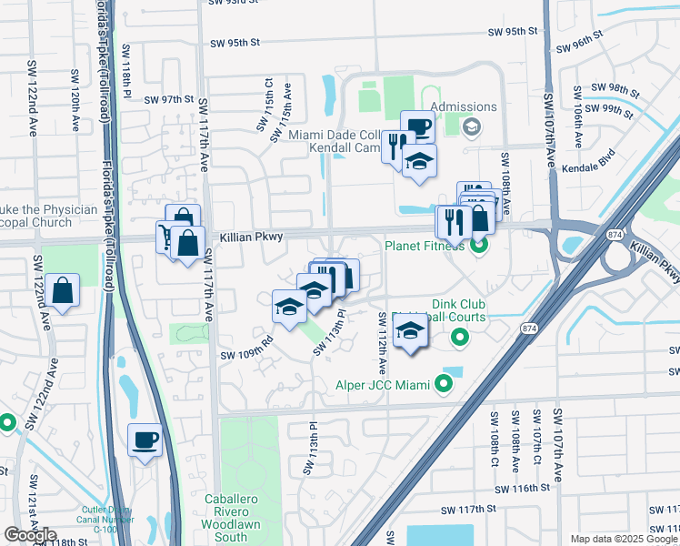 map of restaurants, bars, coffee shops, grocery stores, and more near 10665 Southwest 113th Place in Miami