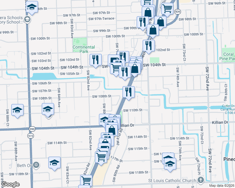 map of restaurants, bars, coffee shops, grocery stores, and more near 7905 Southwest 108th Street in Miami