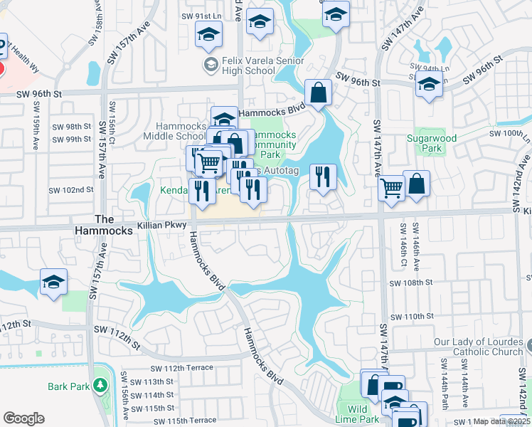 map of restaurants, bars, coffee shops, grocery stores, and more near 10370 Southwest 150th Court in Miami