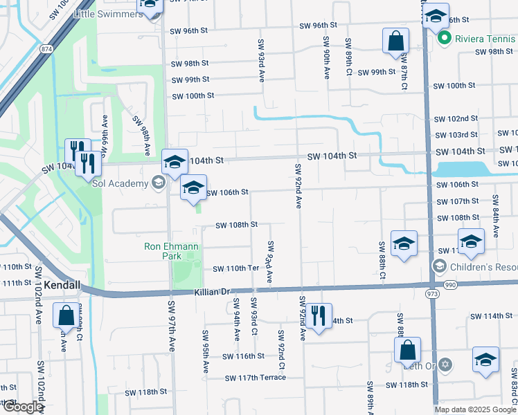 map of restaurants, bars, coffee shops, grocery stores, and more near 10601 Southwest 93rd Court in Miami