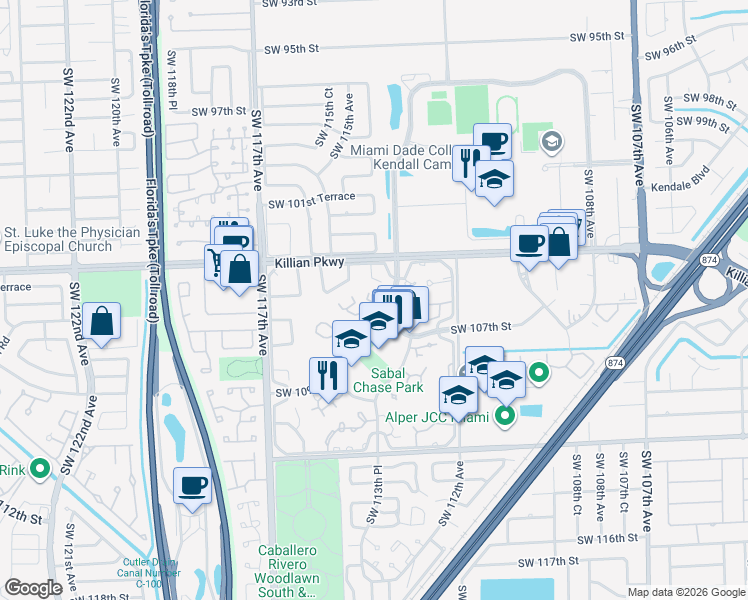 map of restaurants, bars, coffee shops, grocery stores, and more near 10515 Southwest 114th Court in Miami