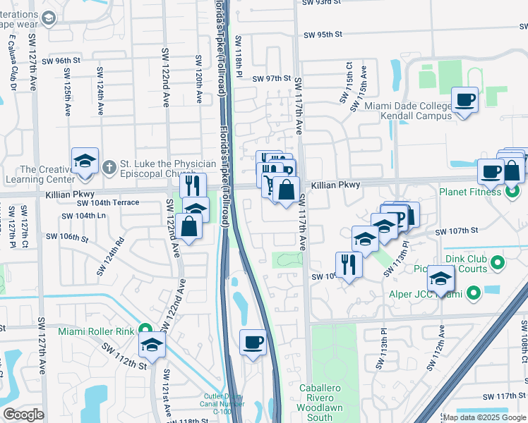 map of restaurants, bars, coffee shops, grocery stores, and more near 10437 Southwest 118th Avenue in Miami