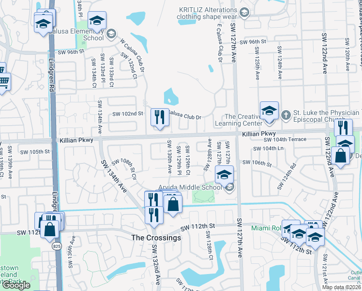 map of restaurants, bars, coffee shops, grocery stores, and more near 12915 Southwest 104th Terrace in Miami