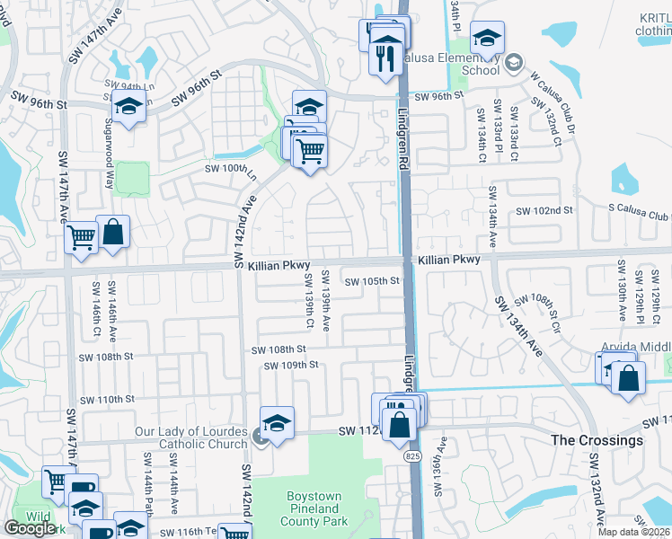 map of restaurants, bars, coffee shops, grocery stores, and more near 10383 Southwest 138th Place in Miami