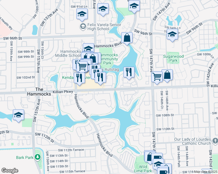 map of restaurants, bars, coffee shops, grocery stores, and more near 10370 Southwest 150th Court in Miami