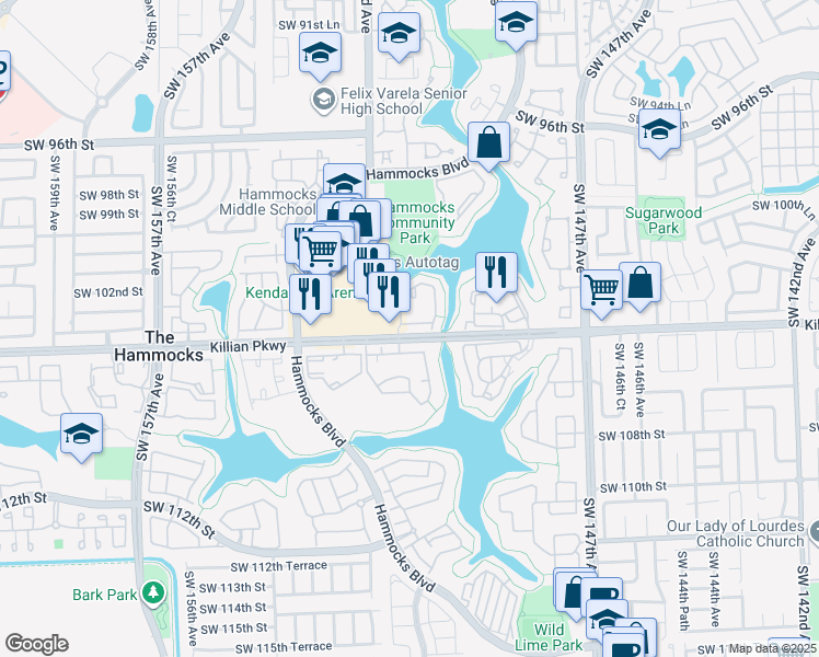map of restaurants, bars, coffee shops, grocery stores, and more near 10370 Southwest 150th Court in Miami