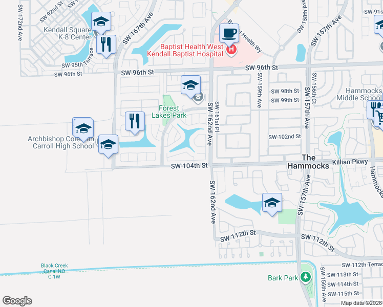 map of restaurants, bars, coffee shops, grocery stores, and more near 16273 Southwest 102nd Terrace in Miami