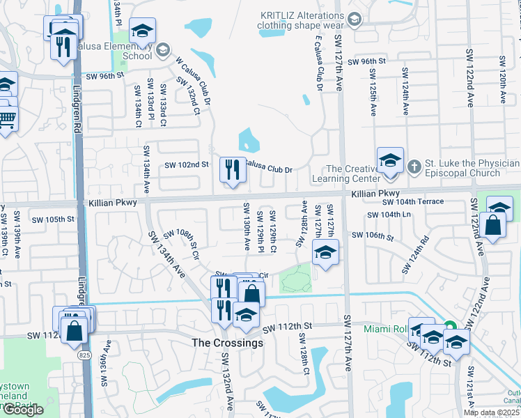 map of restaurants, bars, coffee shops, grocery stores, and more near 104 Southwest 104th Terrace in Miami