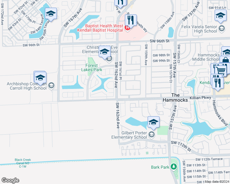 map of restaurants, bars, coffee shops, grocery stores, and more near 10297 Southwest 162nd Court in Miami