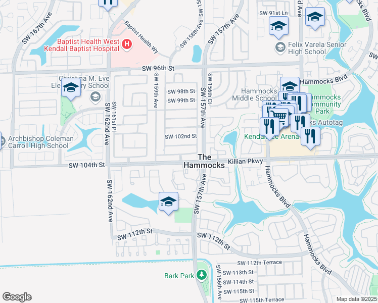 map of restaurants, bars, coffee shops, grocery stores, and more near 15751 Southwest 103rd Lane in Miami