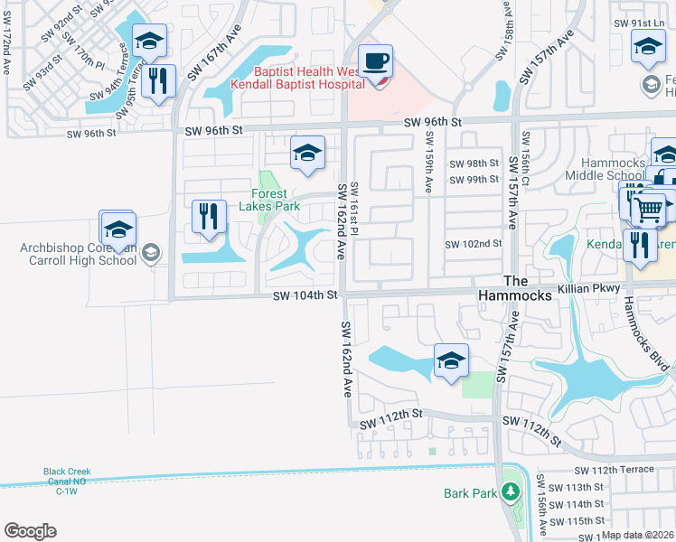 map of restaurants, bars, coffee shops, grocery stores, and more near 10297 Southwest 162nd Court in Miami
