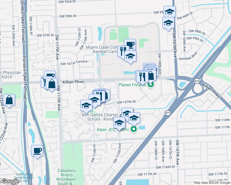 map of restaurants, bars, coffee shops, grocery stores, and more near 10500 Southwest 112th Avenue in Miami