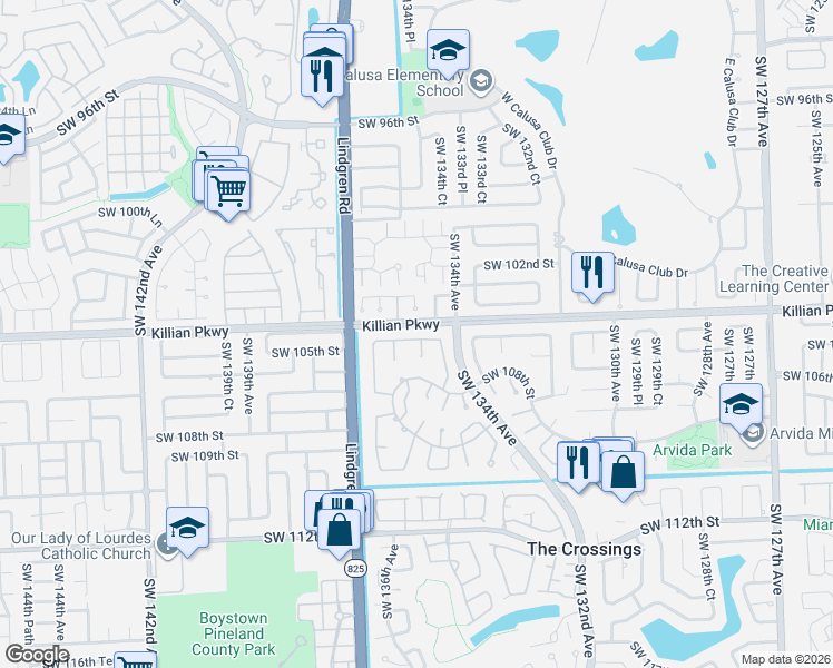 map of restaurants, bars, coffee shops, grocery stores, and more near 10380 Southwest 134th Court in Miami