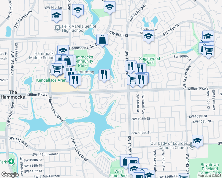 map of restaurants, bars, coffee shops, grocery stores, and more near 14857 Southwest 104th Street in Miami