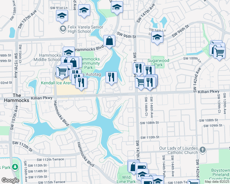 map of restaurants, bars, coffee shops, grocery stores, and more near 14915 Southwest 104th Street in Miami